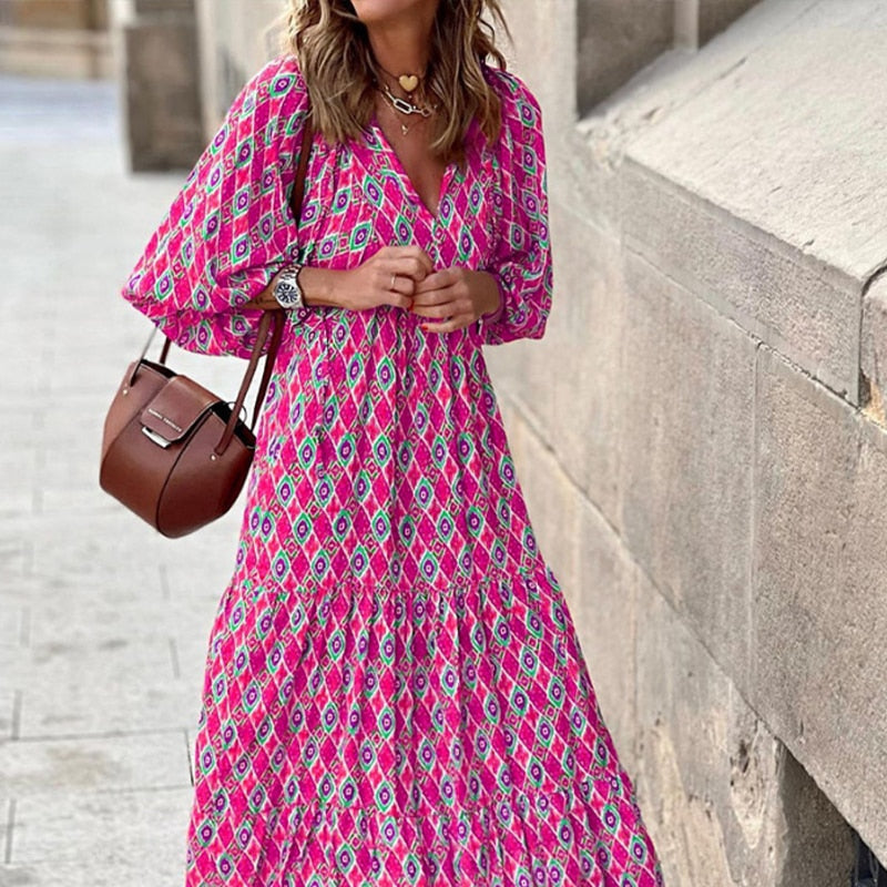 Elegant Boho Floral Drawstring Dress Women Puff Sleeve V Neck Printing Long Dress Summer Holiday Female Dresses Party Vestidos