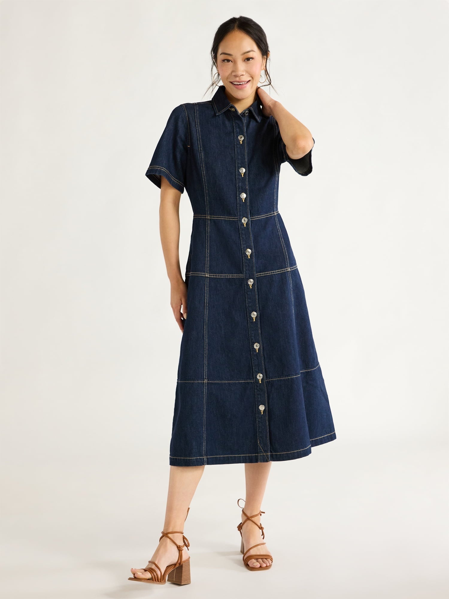 thumbnail image 4 of Free Assembly Women's Button Front Cotton Midi Dress with Short Sleeves, XS-XXL, 4 of 8