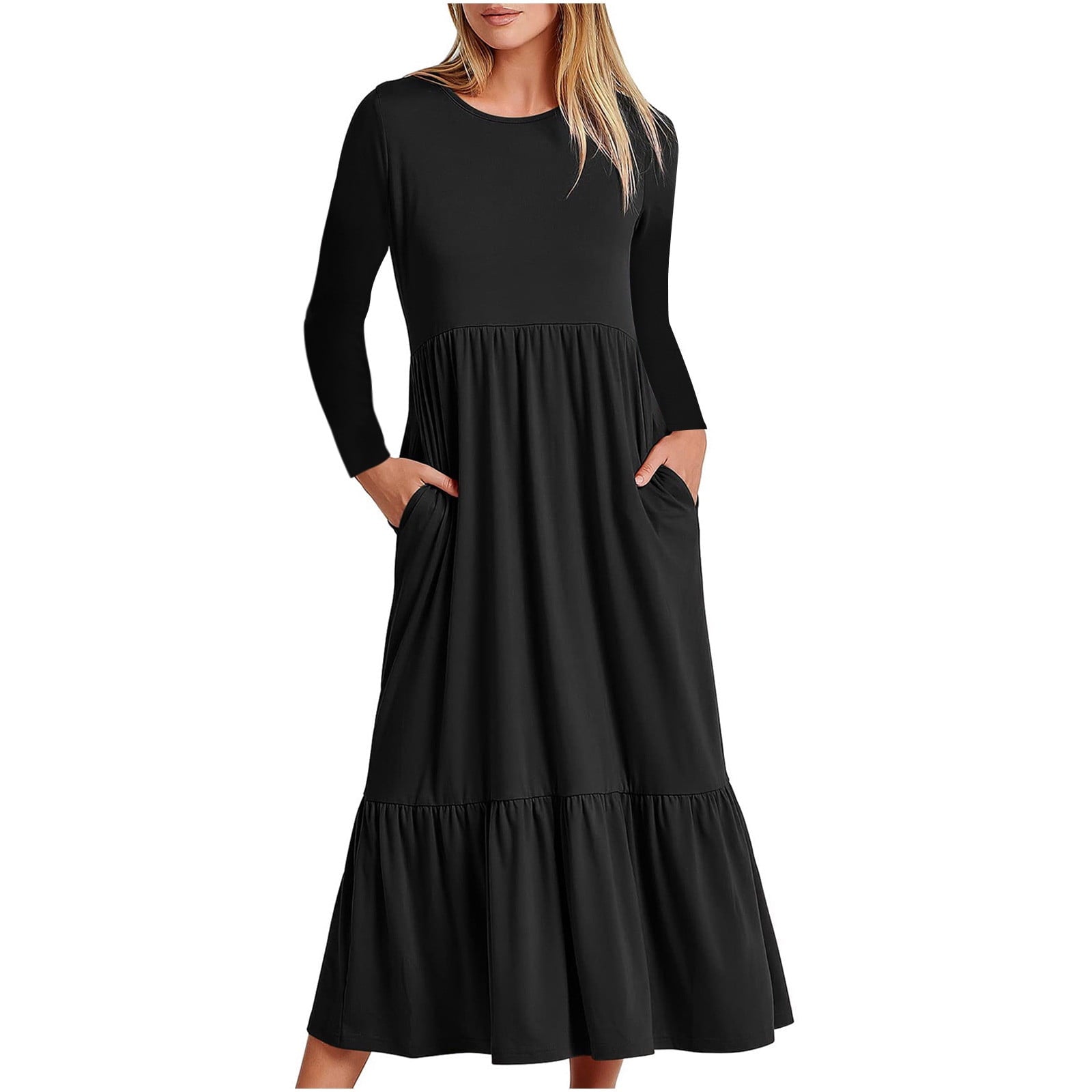 Maxi Dress for Women Womens Autumn And Winter Solid Color Long Sleeve Round-neck Smocked Boho Dress A-Line Ruffle Frill Tiered Swing Midi Dress Polka Dot Tank dress Midi Dress Short Dress - image 1 of 4