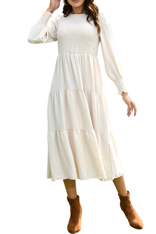 Walmart Mengpipi Womens Casual Long Sleeve Midi Dresses Smocked Flowy Tiered Dress Beige, Size 12-14