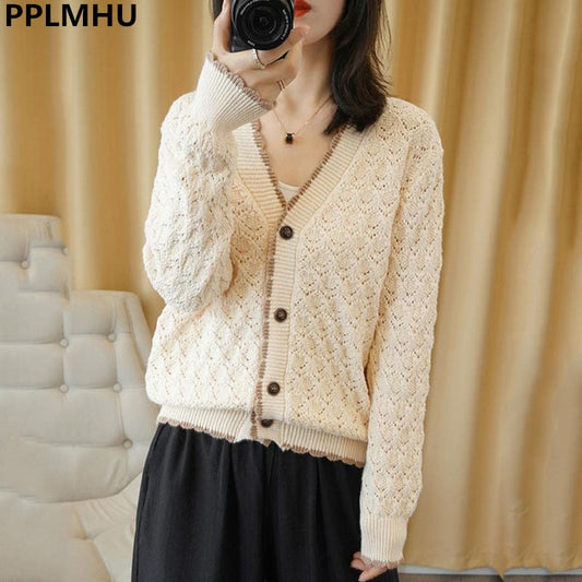 Oversize Women Holoow Out Knit Sunscreen Cardigan Summer Causal Loose Strickjacke Korean Fashion Knitwear Coat Vintage Jacket