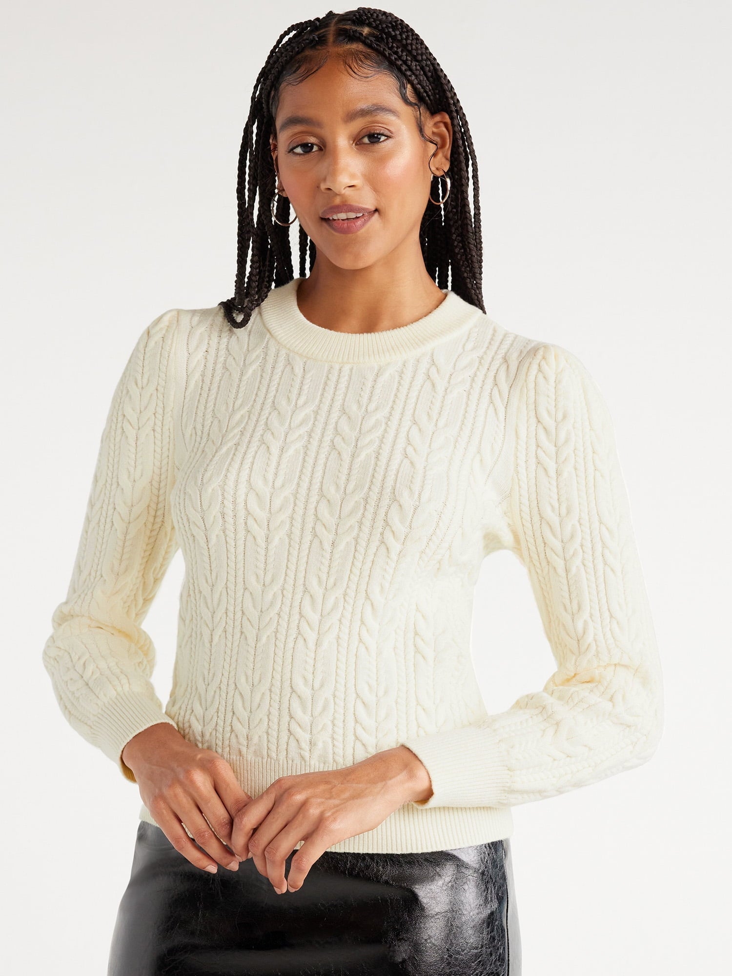 Scoop Women’s Cable Knit Crewneck Sweater, Sizes XS-XXL - image 1 of 6