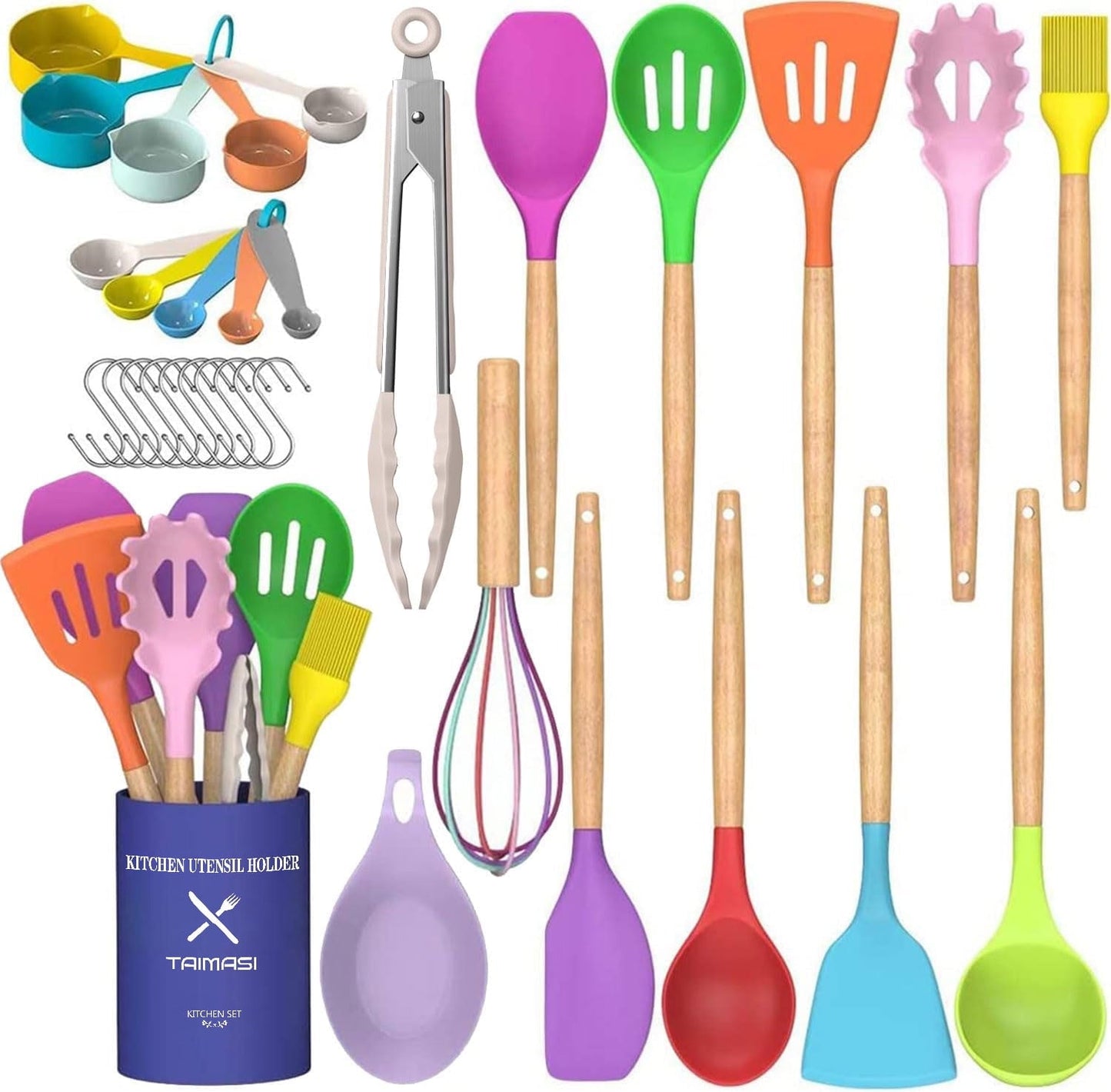 thumbnail image 1 of Silicone Cooking Utensils Set, 33 pcs Non-Stick Cooking Kitchen Utensils Set with Holder, Wooden Handle Gadgets Utensil Set (Multi-color), 1 of 7