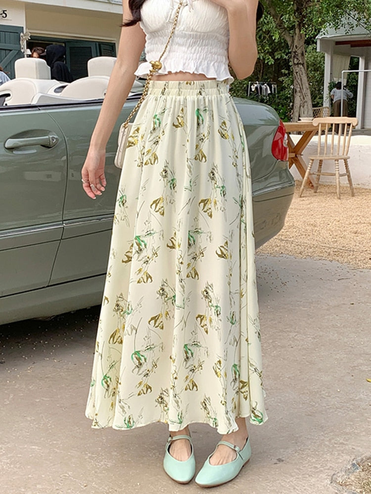 TIGENA 90cm Chiffon Maxi Skirt for Women 2023 Spring Summer Aesthetic Print Korean Elegant A Line High Waist Long Skirt Female