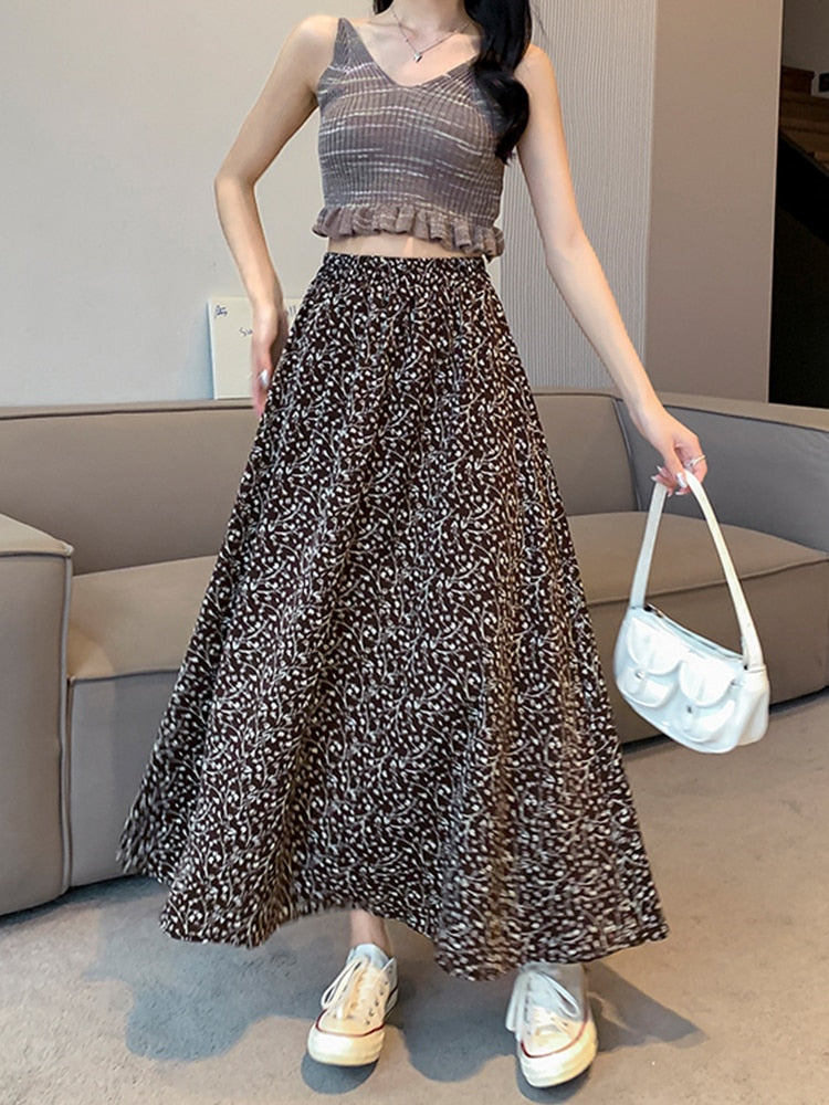 TIGENA Vintage Floral Print Chiffon Maxi Skirt for Women 2023 Spring Summer Aesthetic Ankle-length High Waist Long Skirt Female