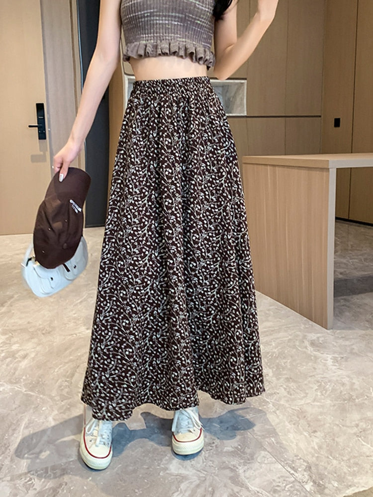 TIGENA Vintage Floral Print Chiffon Maxi Skirt for Women 2023 Spring Summer Aesthetic Ankle-length High Waist Long Skirt Female