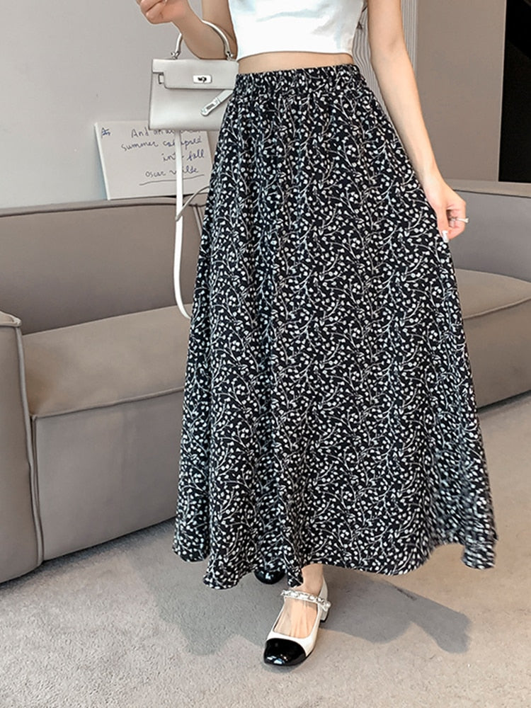 TIGENA Vintage Floral Print Chiffon Maxi Skirt for Women 2023 Spring Summer Aesthetic Ankle-length High Waist Long Skirt Female
