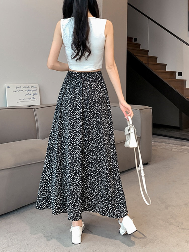TIGENA Vintage Floral Print Chiffon Maxi Skirt for Women 2023 Spring Summer Aesthetic Ankle-length High Waist Long Skirt Female