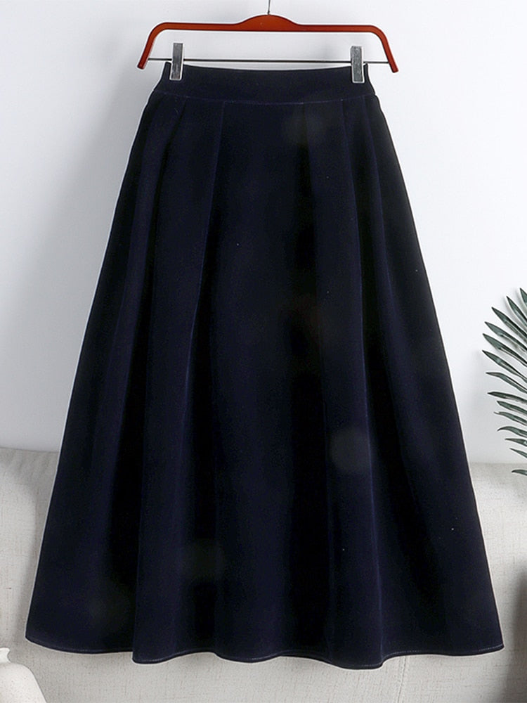 TIGENA Vintage Velvet Midi Long Skirt Women 2023 Spring Autumn Elegant All-match Solid A Line High Waist Mid-length Skirt Female