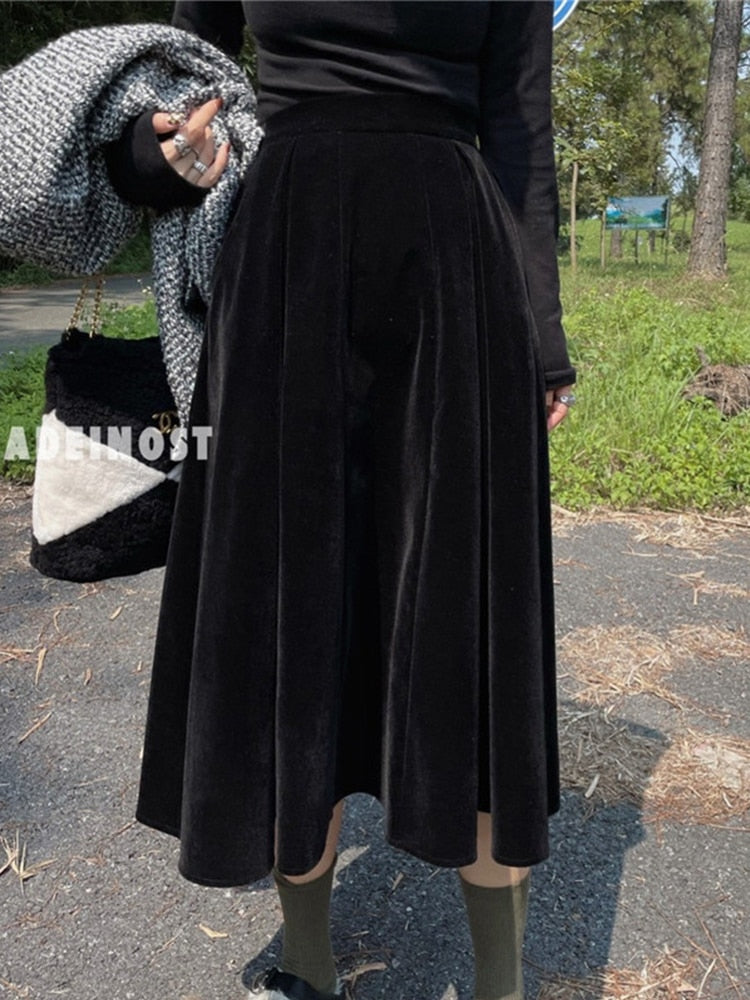 TIGENA Vintage Velvet Midi Long Skirt Women 2023 Spring Autumn Elegant All-match Solid A Line High Waist Mid-length Skirt Female