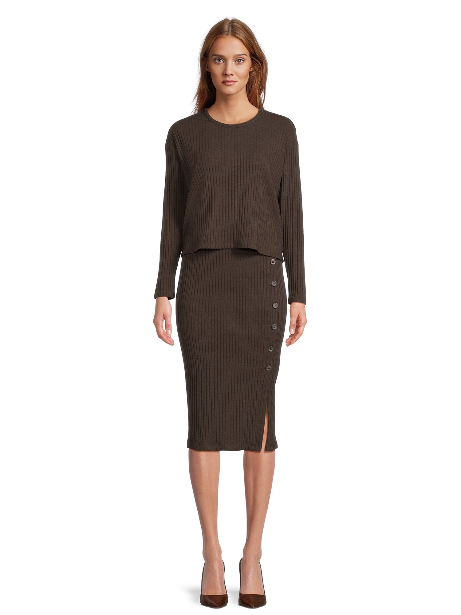 Time and Tru Women's Rib Knit Long Sleeve Top and Midi Skirt Set, 2-Piece , Sizes XS-XXL - image 2 of 6