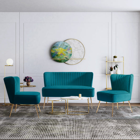 Walmart WestinTrends Mid Century Modern Tufted Velvet Loveseat Sofa and 22" Accent Chair 3-Piece Set, Teal