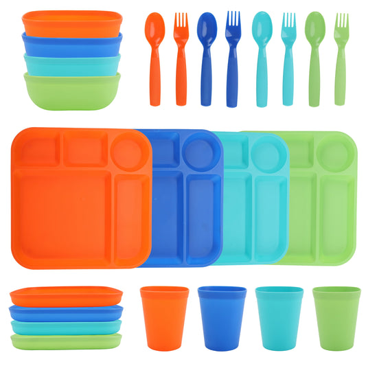 thumbnail image 1 of Your Zone 24-Piece Plastic Square Dinnerware Set for Kids with 4 Each Trays, Bowls, Plates, Cups, Forks, Spoons in Orange, Blue, Aqua, Green, 1 of 9