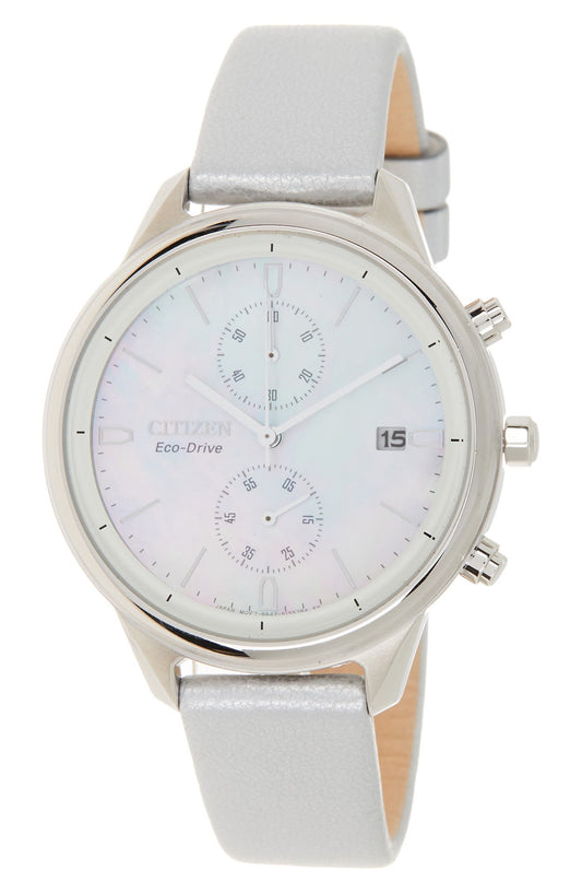 CITIZEN Women's Pearl Chronograph Silver Leather Watch, 39mm, Main, color, SILVER