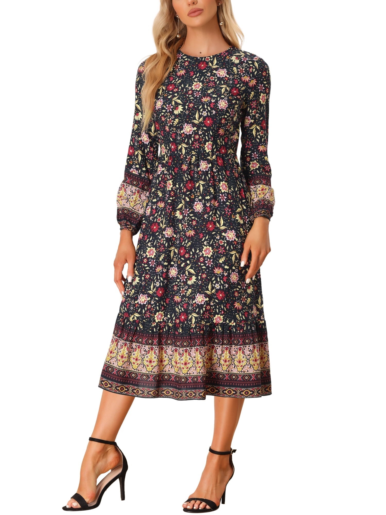 Allegra K Women's Boho Floral Long Sleeves Midi Dress - image 2 of 5