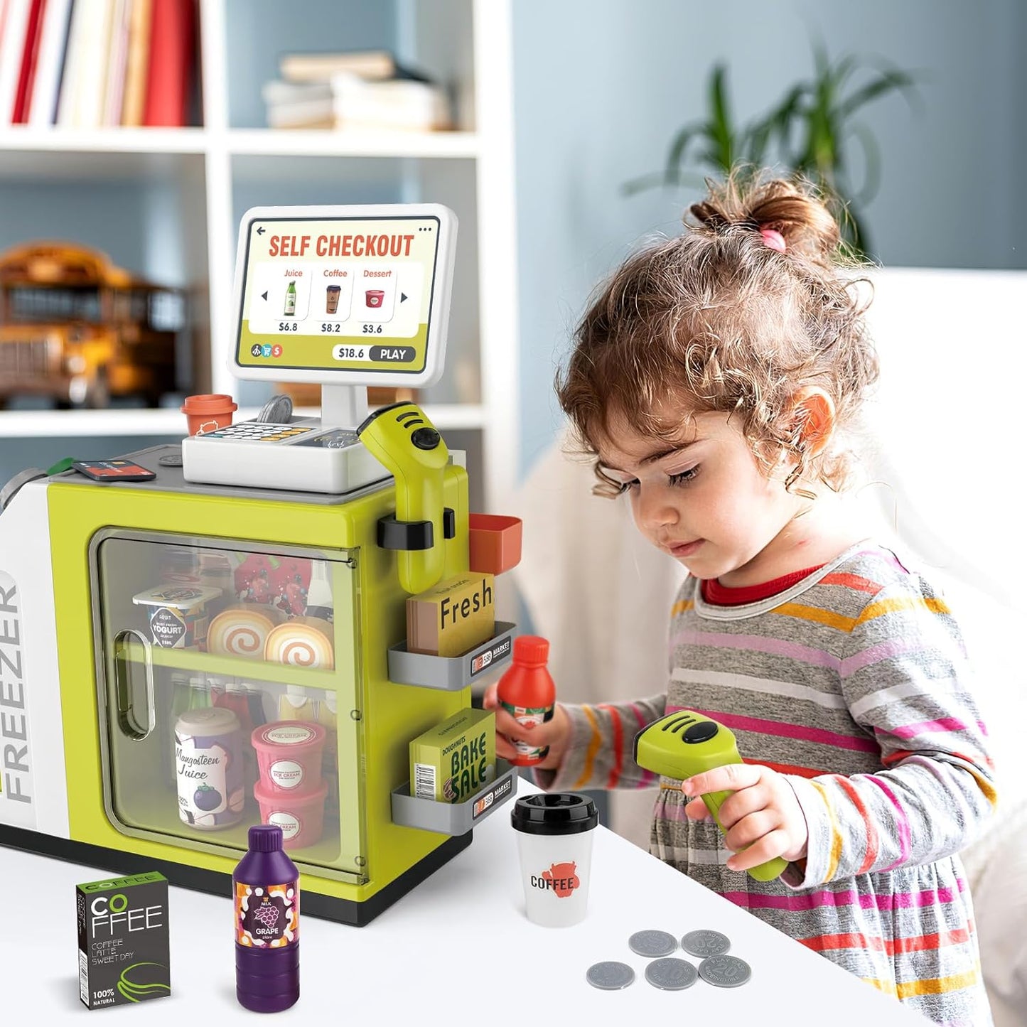 Walmart Adofi 46PCS Upgraded Cash Register Playset for Kids, Cashier Register Toy, Kids Pretend Play Cash Register Toys with Scanner, Shopping Cart, Calculator, Play Food, Toys for Girls 3 6 Years-Green