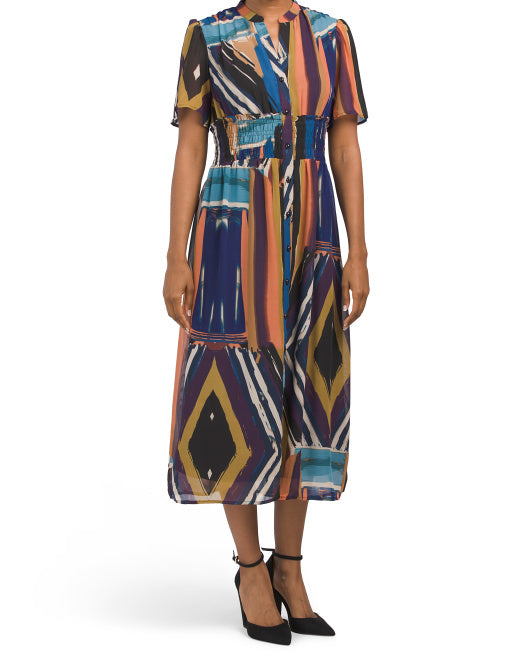 Short Sleeve Abstract Print Midi Dress