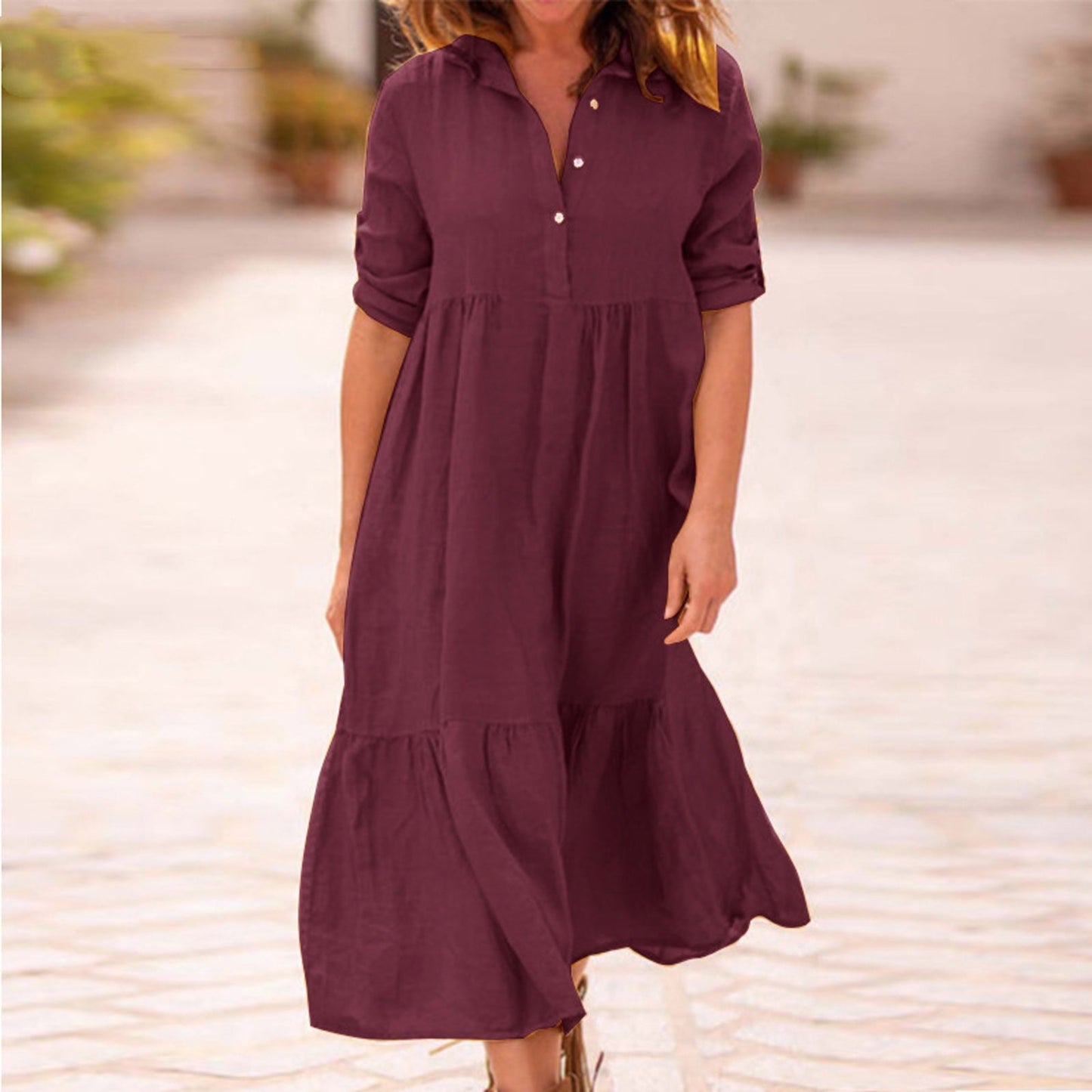 Womens Long Sleeve Cotton Linen Dress Button up V Neck Collared Plain Midi Dress Casual Pleated Loose Swing Dress - image 2 of 7