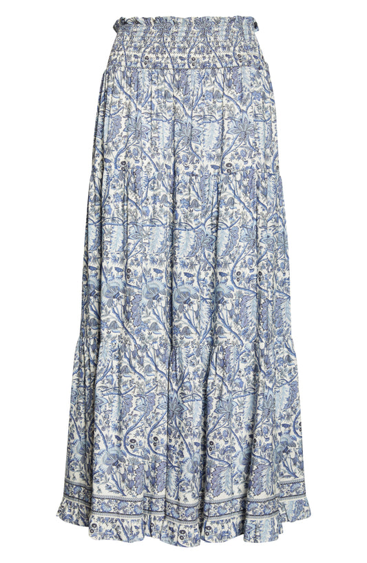 MAX STUDIO Floral Smocked Tiered Maxi Skirt, Main, color, BLUE LEAFY FOLK FLOWER