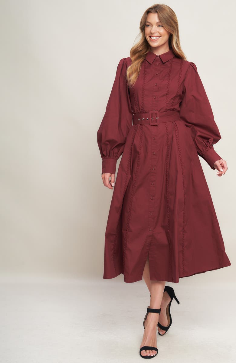 FLYING TOMATO Long Sleeve Solid Midi Shirtdress