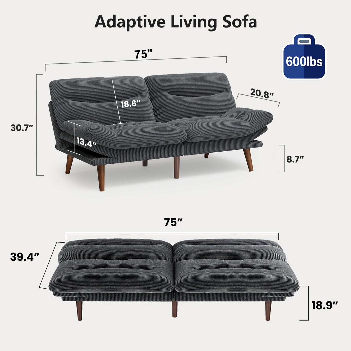 Walmart CHITOOMA 75" Corduroy Futon Sofa Bed, Gray Convertible Couch with Adjustable Backrest and 6-Level Armrests, Comfy Sleeper Sofa for Living Room, Apartment, or Office