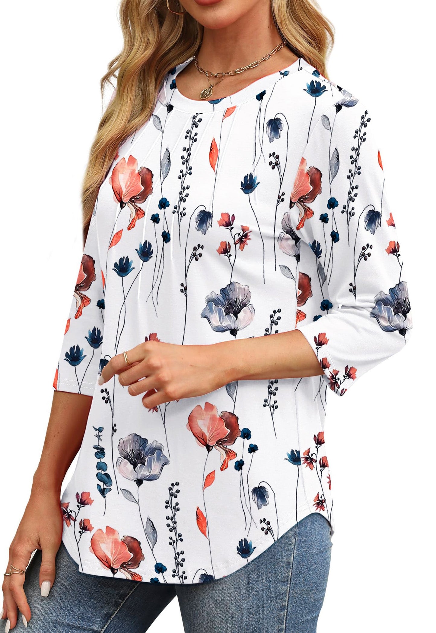 Walmart Fantaslook Womens Plus Size Tops 3/4 Sleeve Pleated Dressy Blouses Crew Neck Casual Tunic Tops Summer Shirts