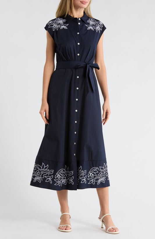 Ellen Tracy Floral Embroidered Poplin Shirtdress