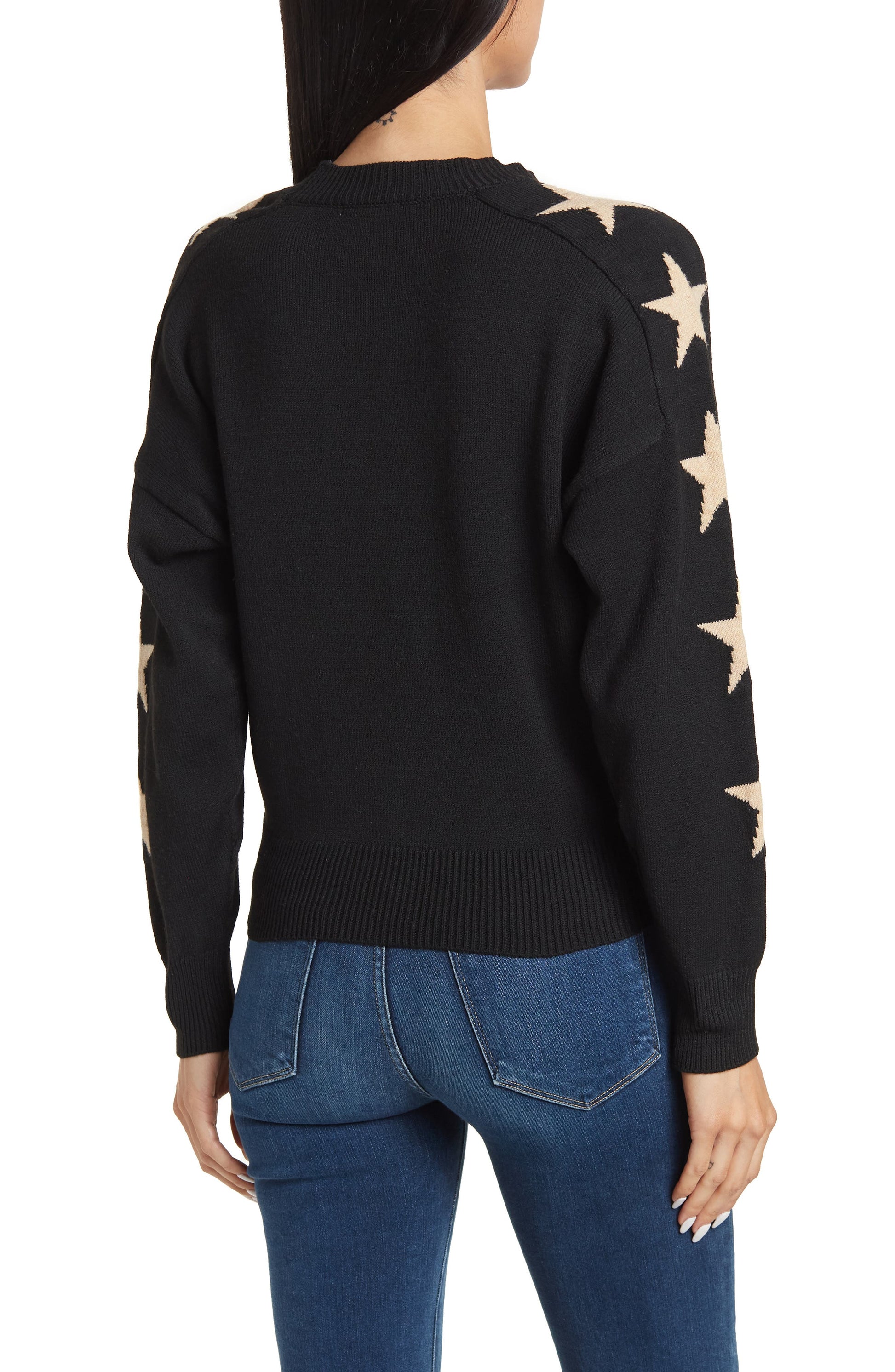 Sweet Romeo Star Print Sleeve Sweater, Alternate, color, BLACK/ CAMEL