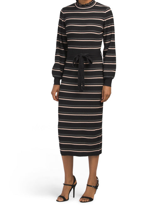 Mock Neck Striped Midi Sweater Dress