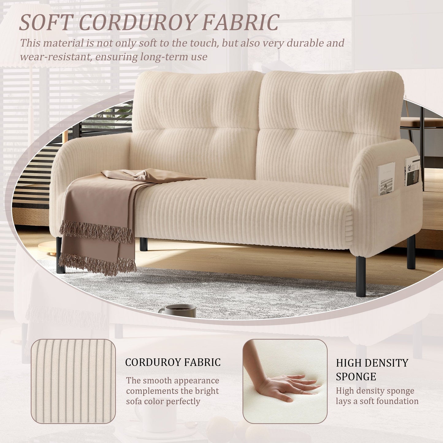 Walmart 47" Small Loveseat Sofa Couch for Small Spaces,Corduroy Upholstered 2-Seater Love Seats for Apartment, Bedroom,Office,Beige
