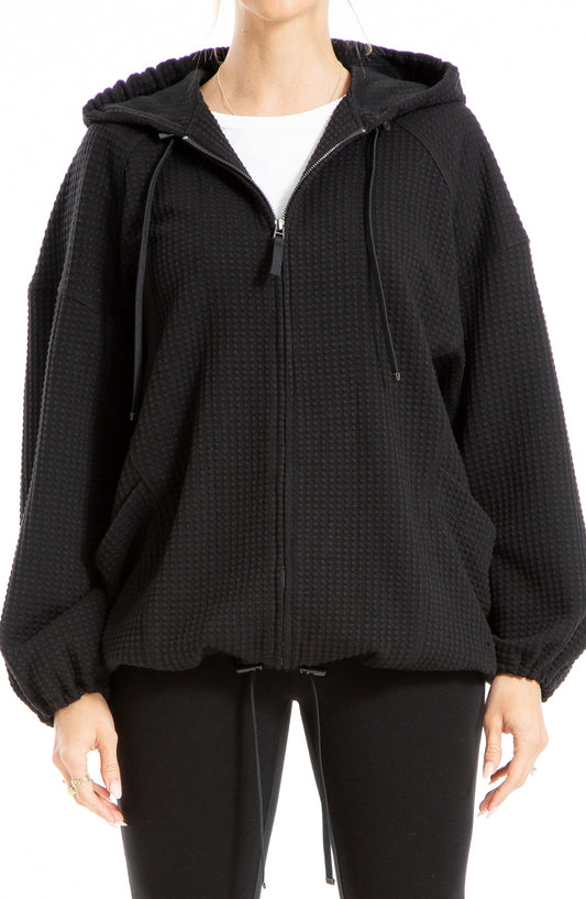 MAX STUDIO Waffle Knit Full Zip Hoodie, Main, color, BLACK