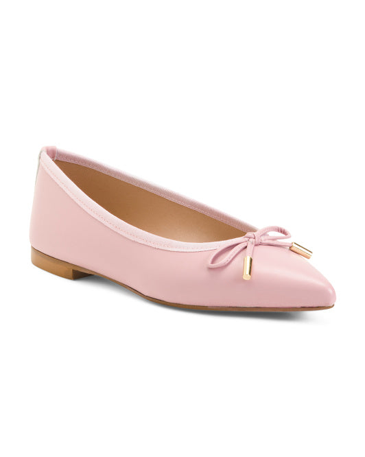 Made In Italy Leather Pointy Toe Ballet Flats With Front Bow