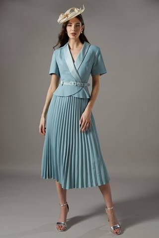 Jersey And Georgette Mix Belted Pleat Midi Dress