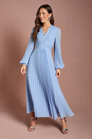 Jersey And Georgette Mix Belted Pleat Midi Dress