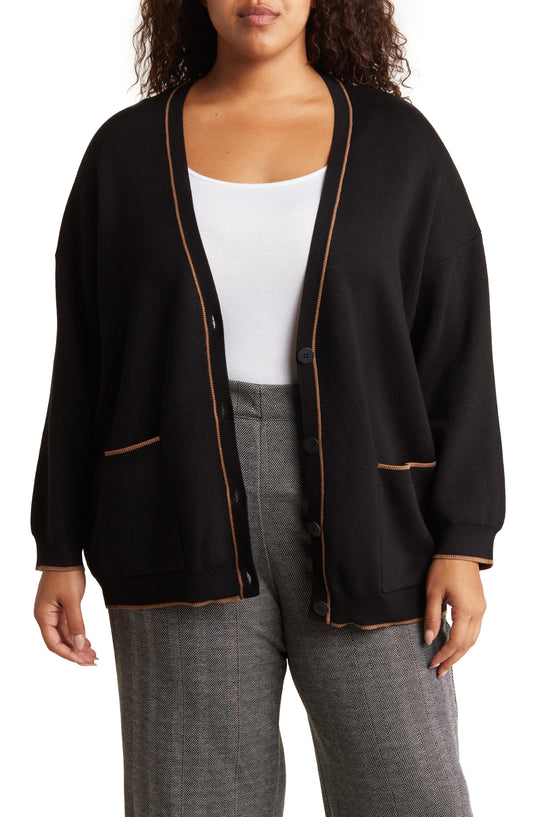 MAX STUDIO Tipped Cardigan, Main, color, BLACK/VICUNA-BH0208B