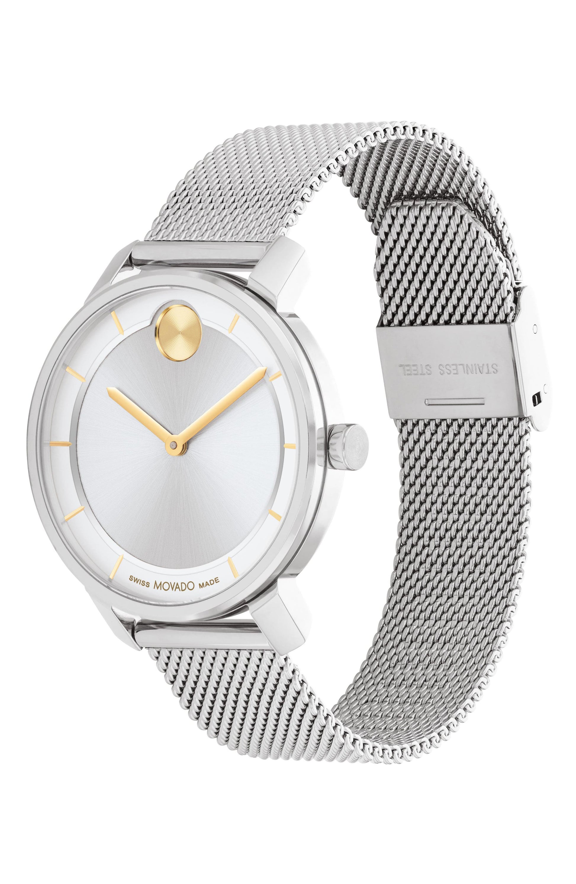 MOVADO Bold Mesh Strap Watch, 34mm, Alternate, color, SILVER