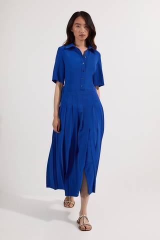 Jersey And Georgette Mix Belted Pleat Midi Dress