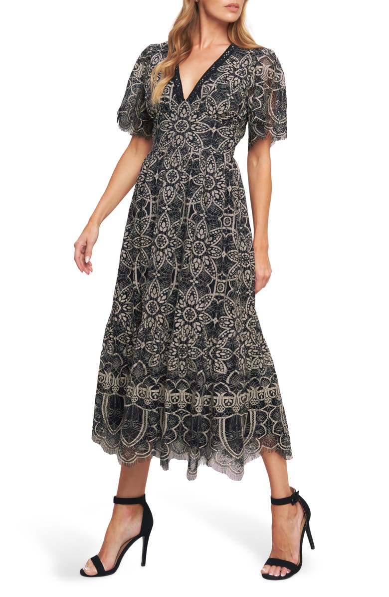 FLYING TOMATO Two-Tone Lace Short Sleeve Midi Dress