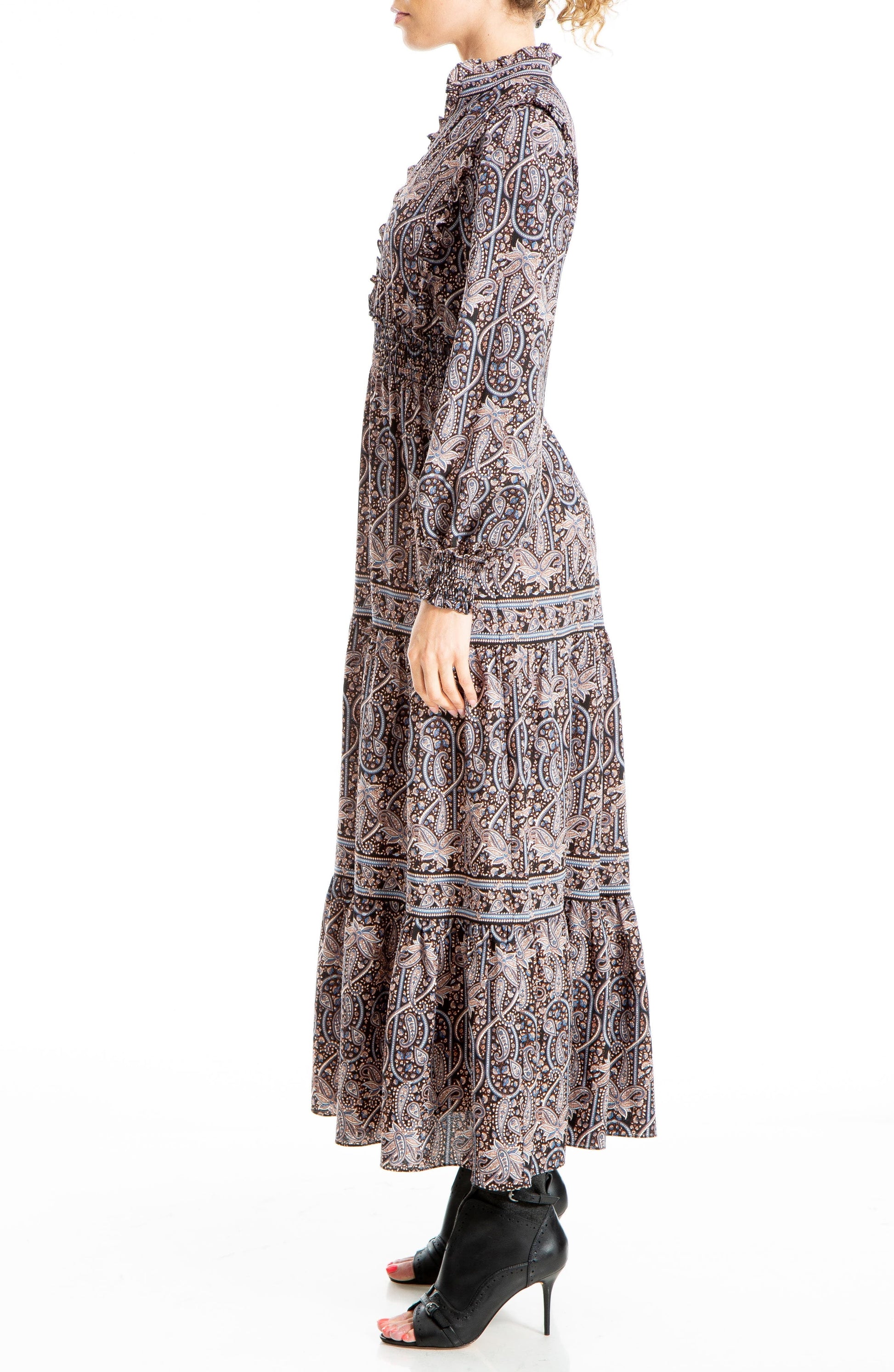 MAX STUDIO Printed Tiered Smocked Waist Maxi Dress, Alternate, color, BLACK/ BLUE PAISLEY JUNGLE