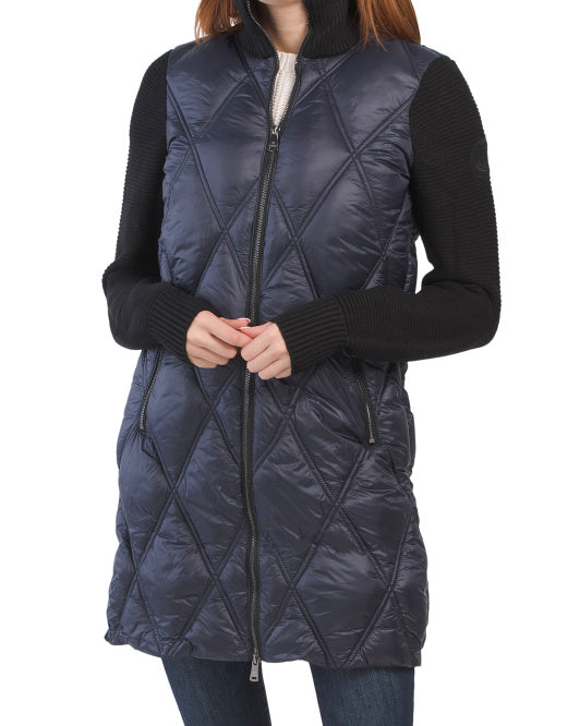 Knit Sleeve Diamond Quilted Puffer Coat