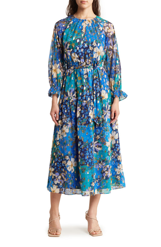 Maggy London Floral Long Sleeve Chiffon Dress, Main, color, Cream/ Teal