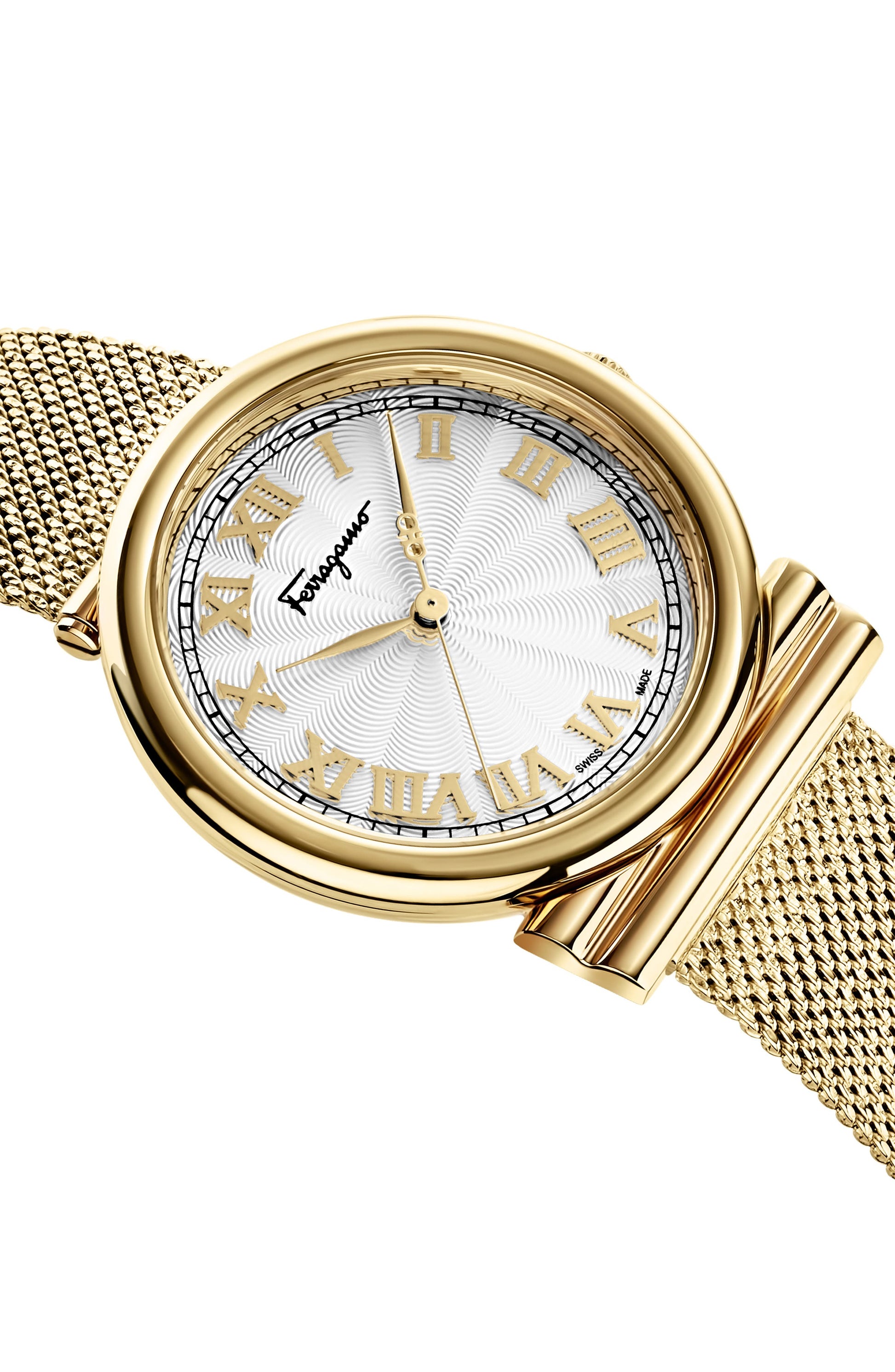 FERRAGAMO Round Mesh Strap Watch, 34mm, Alternate, color, GOLD