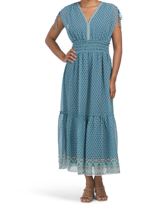 Short Tie Sleeve V-neck Smocked Waist Tier Maxi Dress