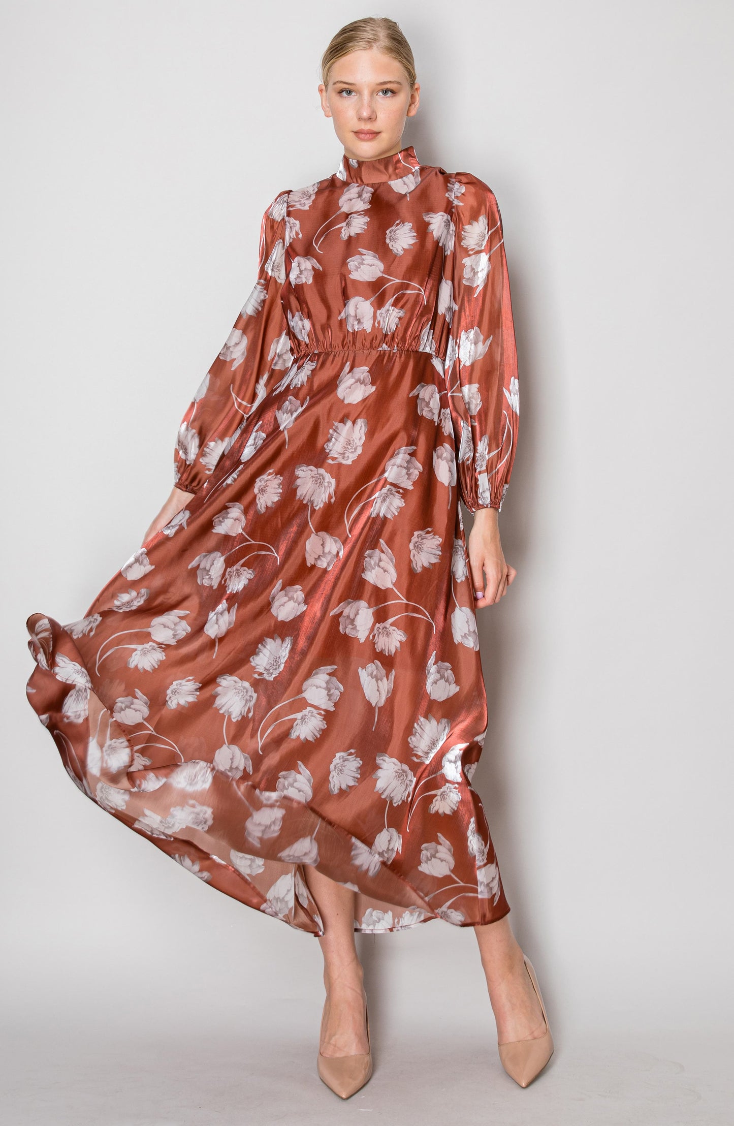 MELLODAY Mock Neck Chiffon Maxi Dress, Alternate, color, Brown Floral