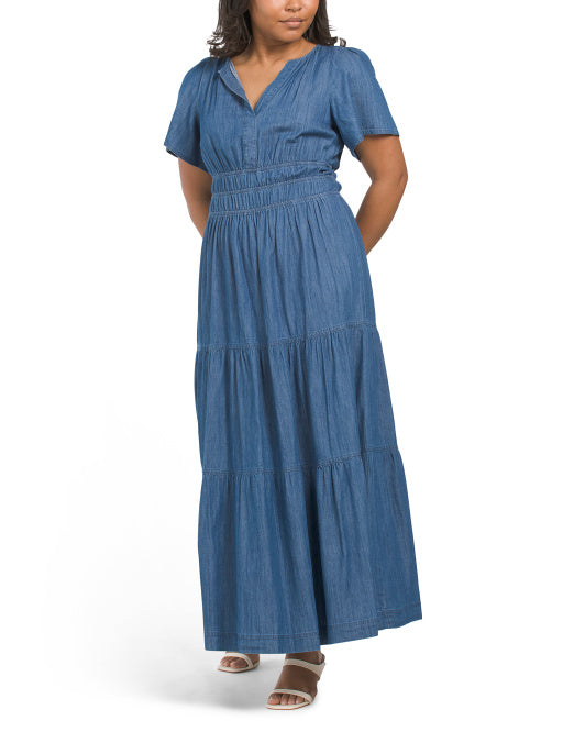 Chambray Split Neck Tiered Maxi Dress