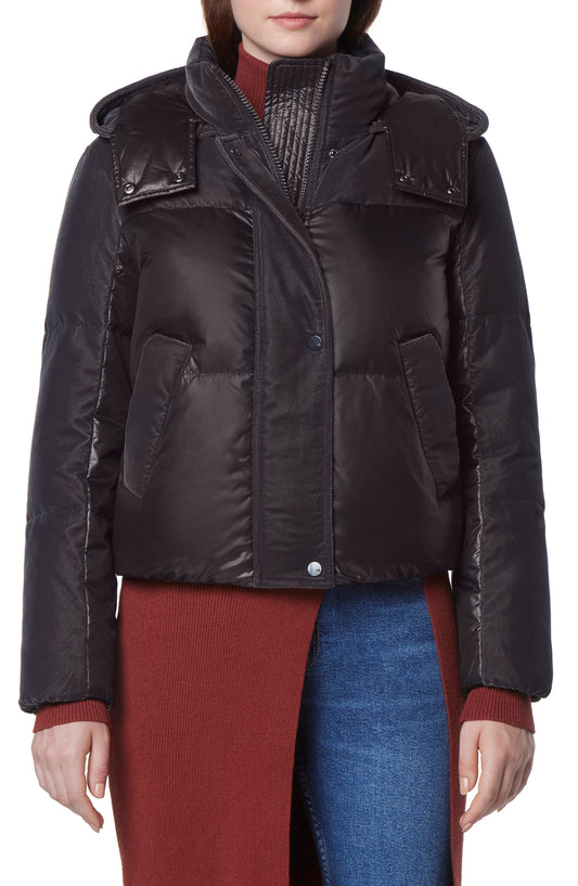 Andrew Marc Hooded Quilted Down Puffer Jacket, Main, color, PAVEMENT