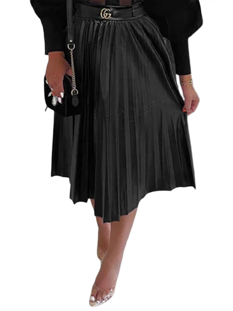 thumbnail image 3 of Women Faux Leather Midi Skirt, High Waist Solid Color Zip Up Pleated A-line Skirt Leather Flared Swing Maxi Skirt, 3 of 6