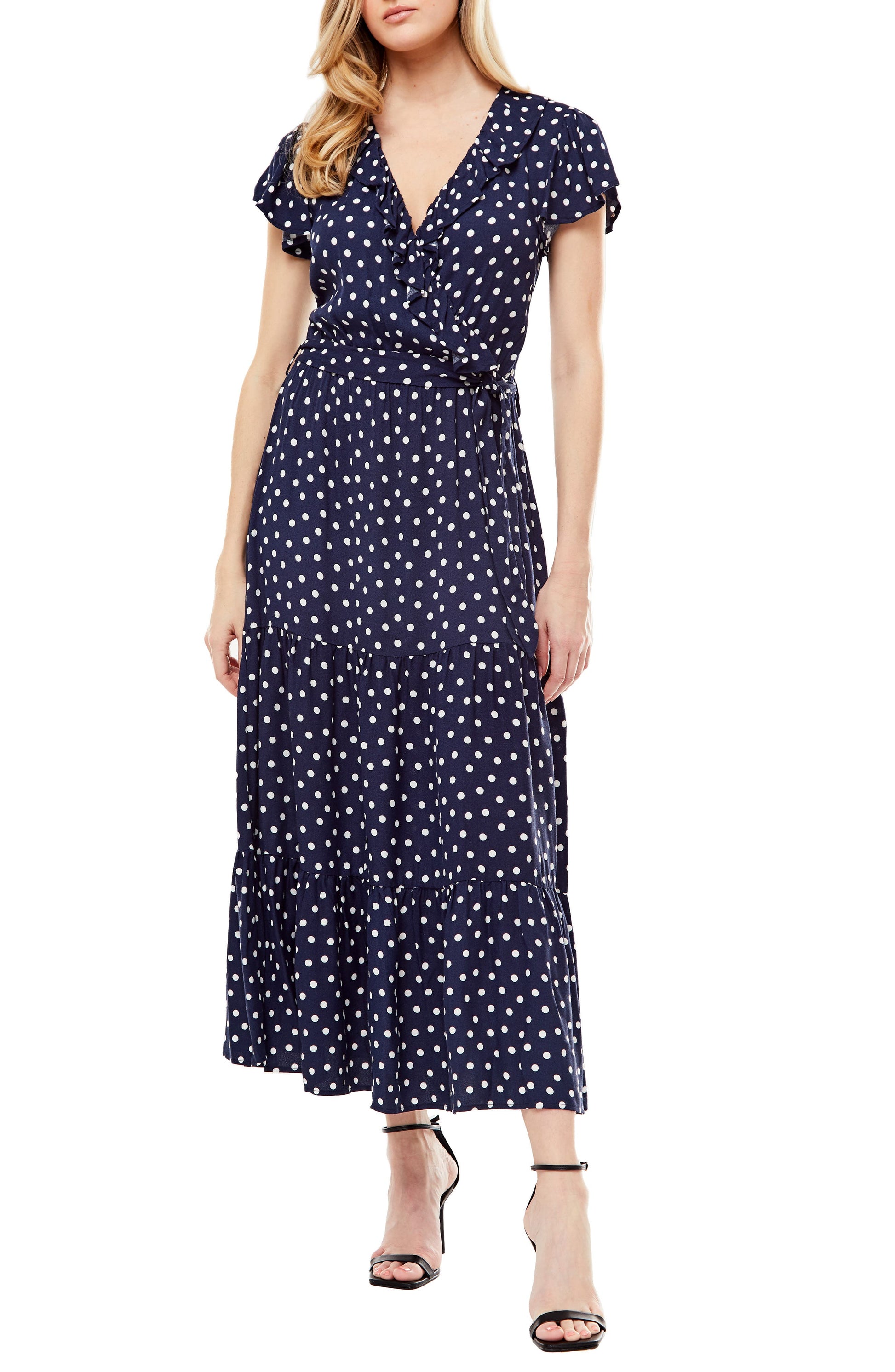 Love By Design Marylin Ruffle Crepe Maxi Dress, Main, color, ASPIRIN DOT NAVY