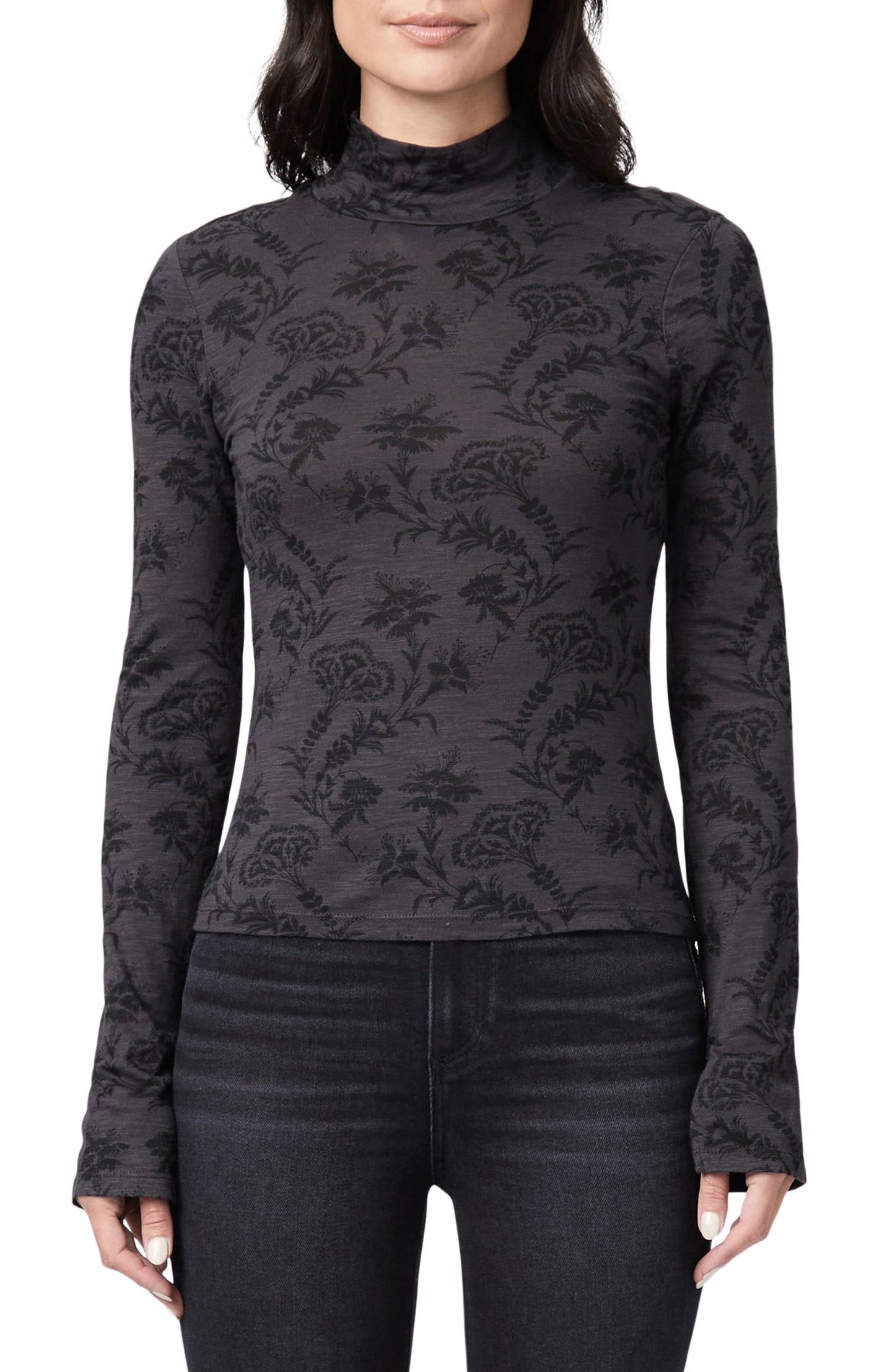 PAIGE Floral Print Long Sleeve Knit Top, Main, color, BLACK