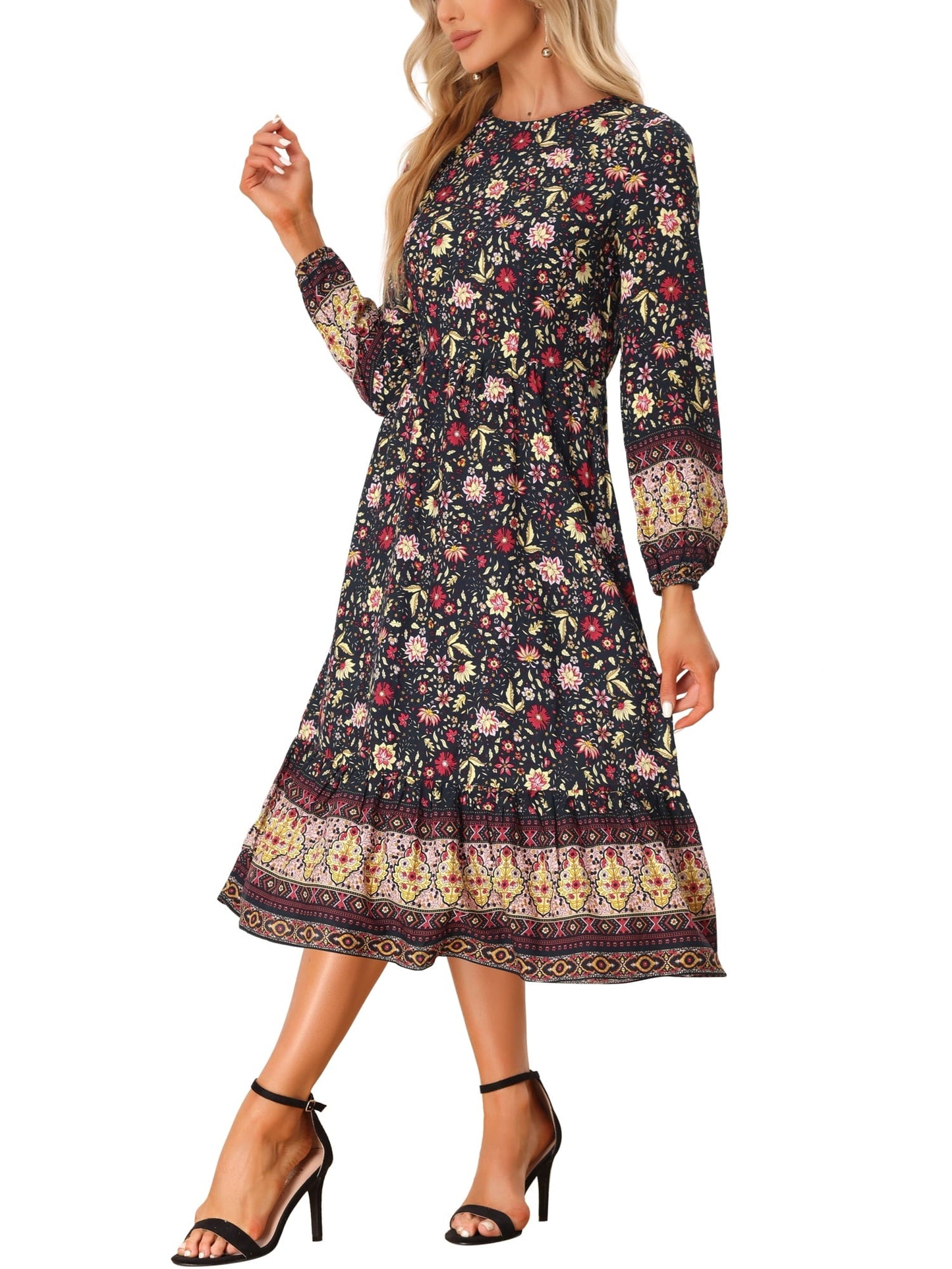 Allegra K Women's Boho Floral Long Sleeves Midi Dress - image 4 of 5